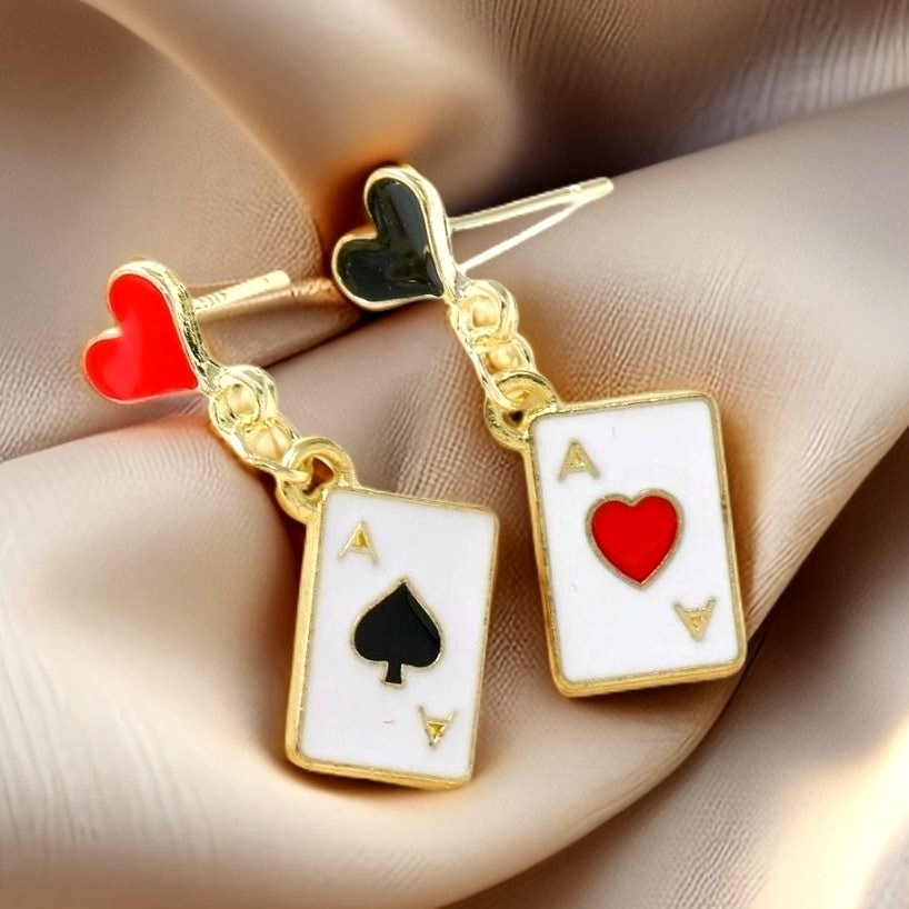 Playing Cards Spade Clover Heart Diamond Suite Casino Earrings Retro Gold Ace